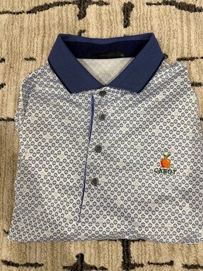 Greyson White and Blue Geometric Polo with Orange Chest Embroidery